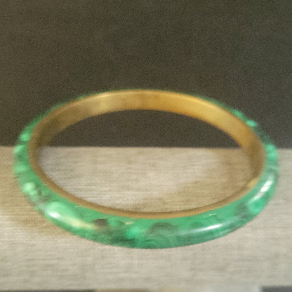 Vintage Green Malachite Style Brass Bangle Bracelet Size 7.5 Medium